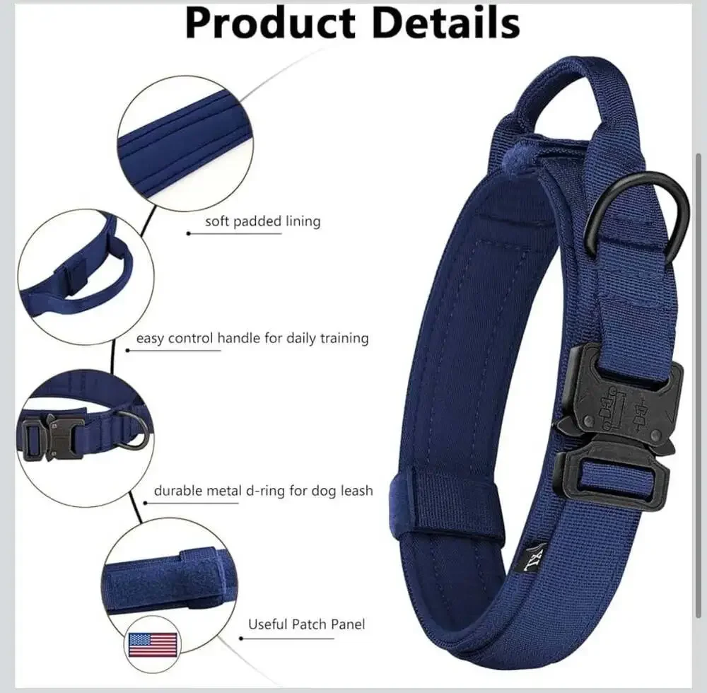 Tactical Dog Collar and Bungee Leash Set with AirTag Case and Patches, Navy Blue